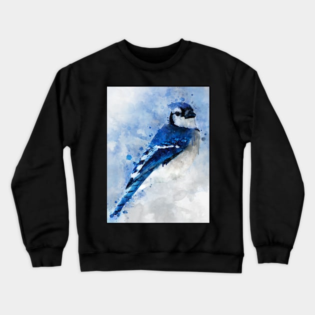 Dramabite Watercolor Blue Jay Bird Crewneck Sweatshirt by dramabite